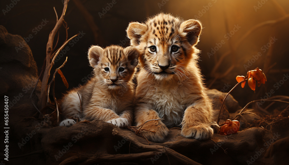 Fototapeta premium A cute lion cub playing in the grass, looking at camera generated by AI