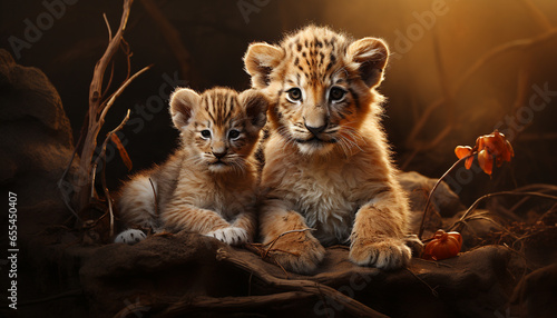 A cute lion cub playing in the grass  looking at camera generated by AI