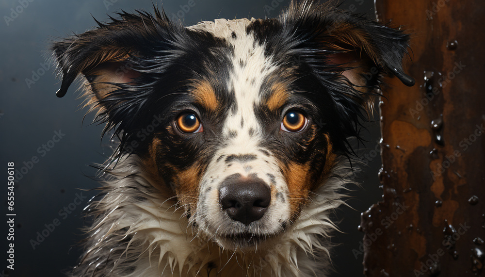 Cute puppy, loyal friend, sitting outdoors, looking at camera generated by AI Cute puppy, loyal friend, sitting outdoors, looking at camera generated by AI