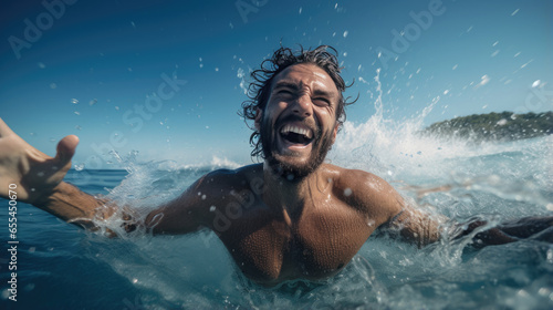 Happy man enjoys a seaside vacation splashing water on the beach photo