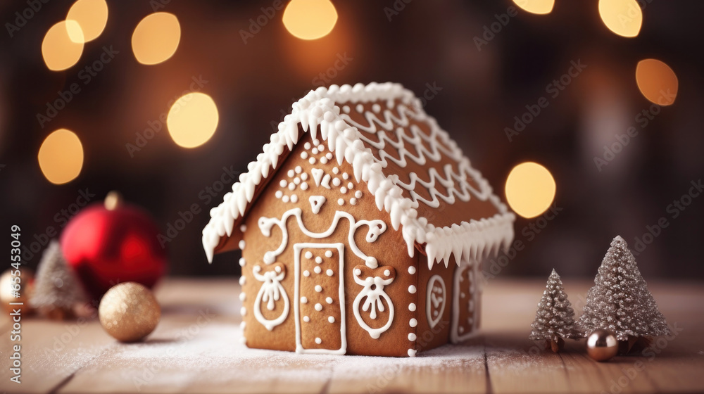 Gingerbread house on a festive table with bokeh lights in the background, Merry Christmas, Advent time, greeting Card. Banner with copy space Gingerbread house on a festive table with bokeh lights in the background, Merry Christmas, Advent time, greeting Card. Banner with copy space