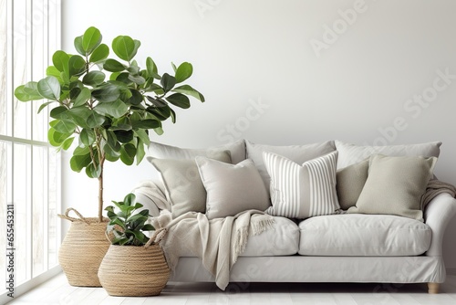 Living room interior with silver velvet sofa, pillows, and leaf tree in wicker basket on white wall background.