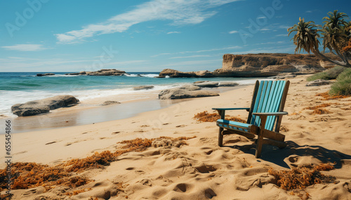 Relaxing on a wooden chair, admiring the tranquil coastal landscape generated by AI © Gstudio
