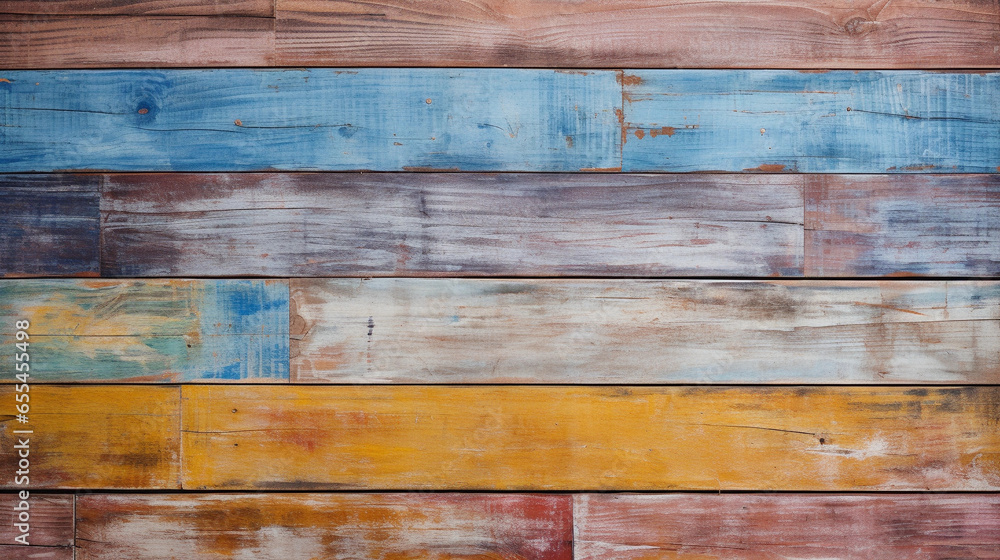 Naklejka premium Vibrant and Textured Painted Wooden Planks - An Ideal Backdrop for Artistic Exploration