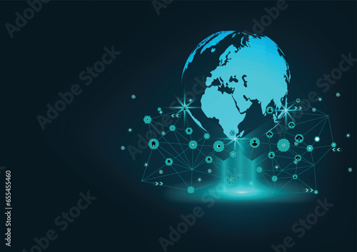 Network communication technology for global.Data network communication in the global computer networks.telecommunication  earth cryptocurrency.Vector modern technology and communication concept.
