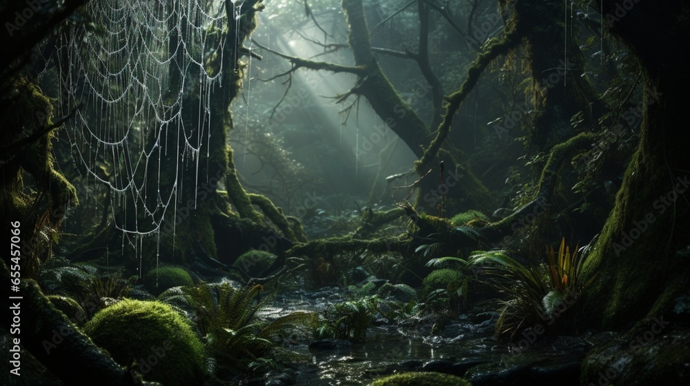 A close-up of dew-covered spiderwebs in a mystical forest setting. - obrazy, fototapety, plakaty 