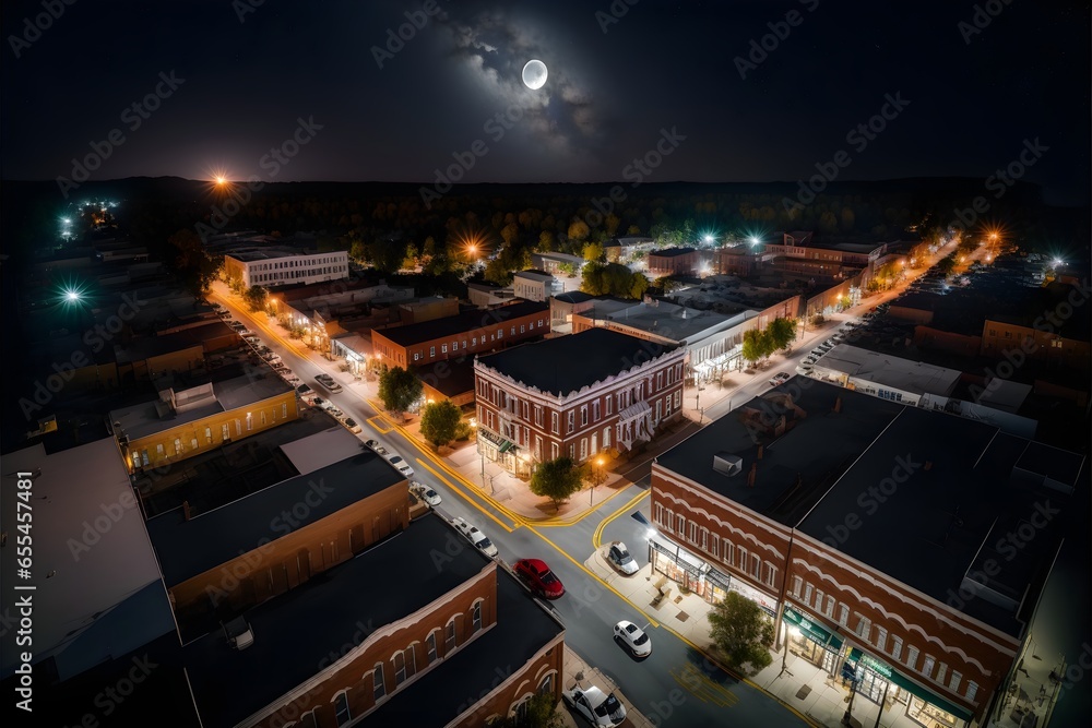 White Street in downtown Wake Forest North Carolina as seen from the air night time moon and stars above 