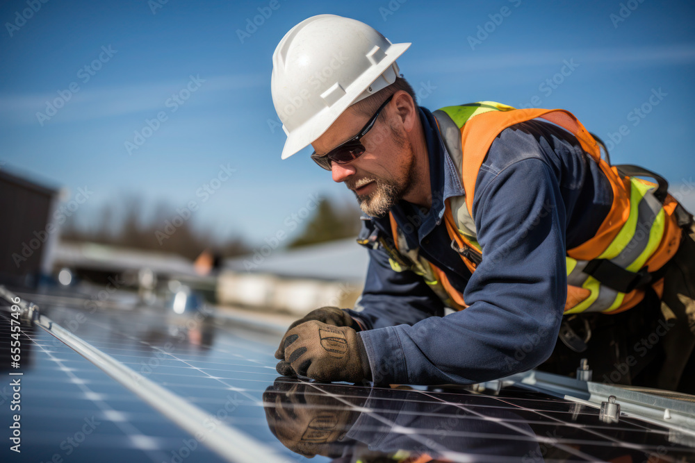 Worker installing solar panels, renewable energy Worker installing solar panels, renewable energy