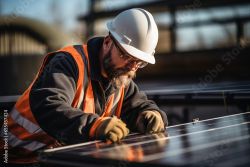 Worker installing solar panels, renewable energy