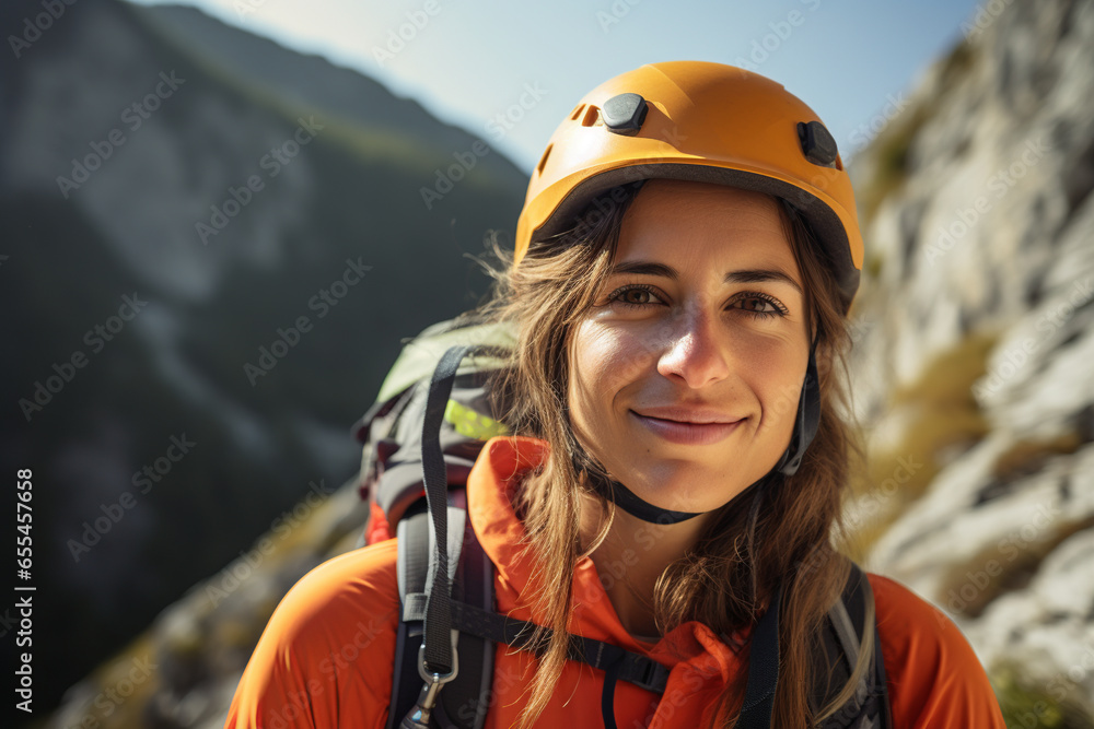 Generative AI illustration of portrait of young female climber with backpack and helmet standing on high mountains on sunny day while looking at camera Generative AI illustration of portrait of young female climber with backpack and helmet standing on high mountains on sunny day while looking at camera