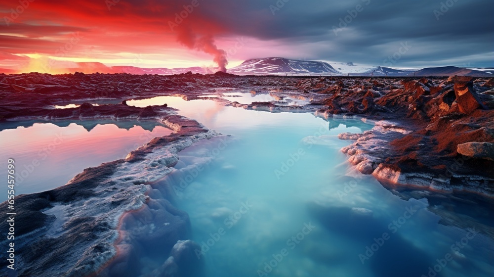 A geothermal pool featuring vibrant colors derived from mineral deposits.