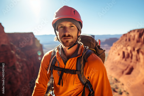 Generative AI illustration of portrait of beard male climber with backpack and helmet standing on high mountains on sunny day while looking at camera photo
