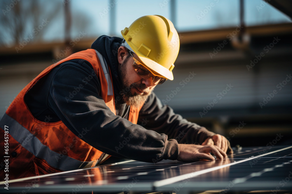 Worker installing solar panels, renewable energy Worker installing solar panels, renewable energy