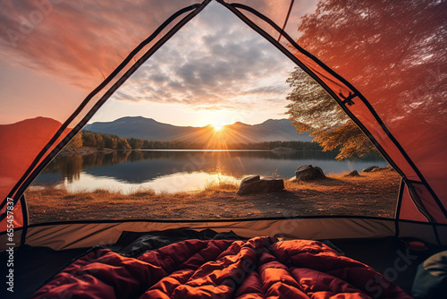 Generative AI illustration of the view of the sunset from inside a tent at campsite on sunny day near in lake mountains photo