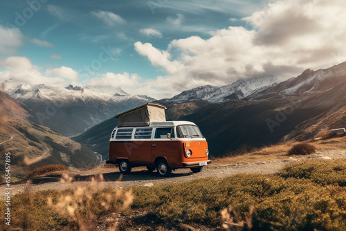 Generative AI illustration of retro van parked on roadside in forest with tall coniferous trees against sunset sky in nature photo