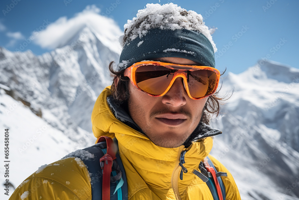 Generative AI illustration of male mountaineer in warm sportswear and sunglasses standing on snowy mountain on sunny day while looking at camera Generative AI illustration of male mountaineer in warm sportswear and sunglasses standing on snowy mountain on sunny day while looking at camera