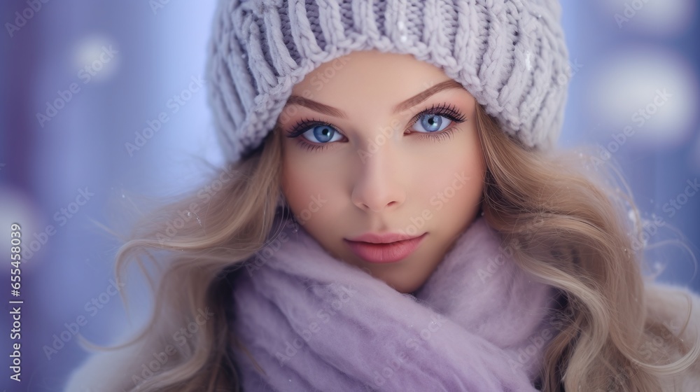 Woman with blond hair wears winter clothes. Isolated purple Background Woman with blond hair wears winter clothes. Isolated purple Background