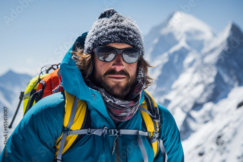 Generative AI illustration of male mountaineer in warm sportswear and sunglasses standing on snowy mountain on sunny day while looking at camera photo
