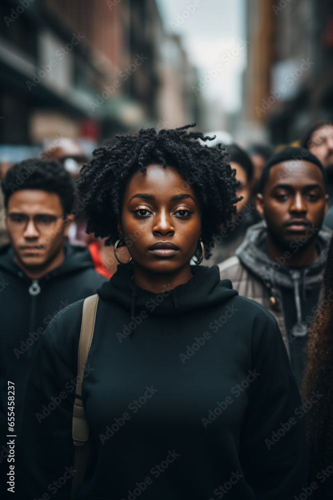Generative AI illustration of black female activist with earrings and dreadlocks looking at camera during Black Lives Matter demonstration against people on city street Generative AI illustration of black female activist with earrings and dreadlocks looking at camera during Black Lives Matter demonstration against people on city street