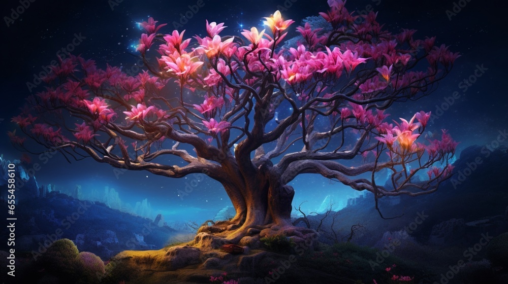 A majestic neon magnolia tree in full bloom. - obrazy, fototapety, plakaty 