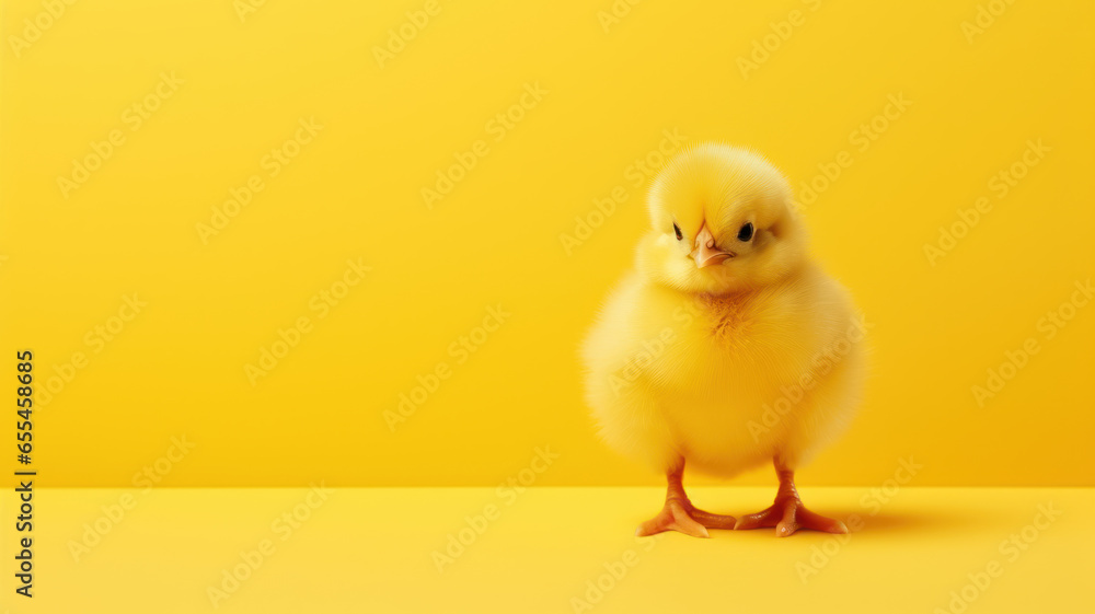 Single Small Chicken on Yellow Background Single Small Chicken on Yellow Background