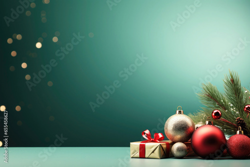 Wallpaper Mural Generative AI image of Christmas background decorated with bright balls gifts and pine cones placed on table against green background Torontodigital.ca