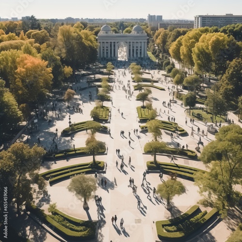 Aerial view of people walking on a Sunday in the park photo