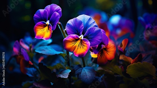 A neon pansy standing out vibrantly in a dark meadow, its vivid colors defying the surrounding shadows.