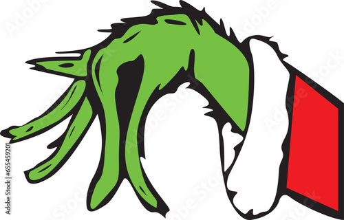 Green hand with long coat Christmas coat with Christmas and Santa Claus motif.