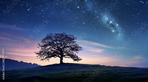 A solitary tree on a hill silhouetted against the canvas of a starry night sky.
