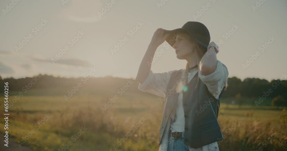 Blond Woman Wearing Hat Standing Against Sky Blond Woman Wearing Hat Standing Against Sky