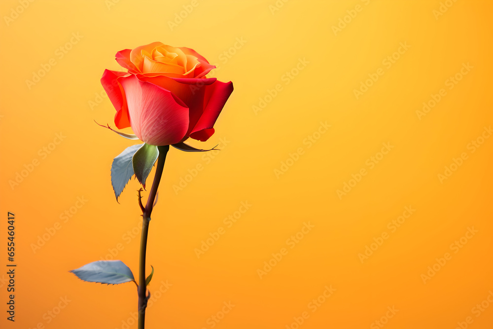 Obraz premium Single red rose, A vibrant red rose in the bottom left corner, a gradient of warm orange and yellow. 