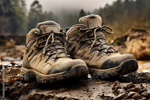 Hiking boots on the ground, pair of worn-out hiking boots covered in mud, resting on a rugged mountain trail. Adventure awaits