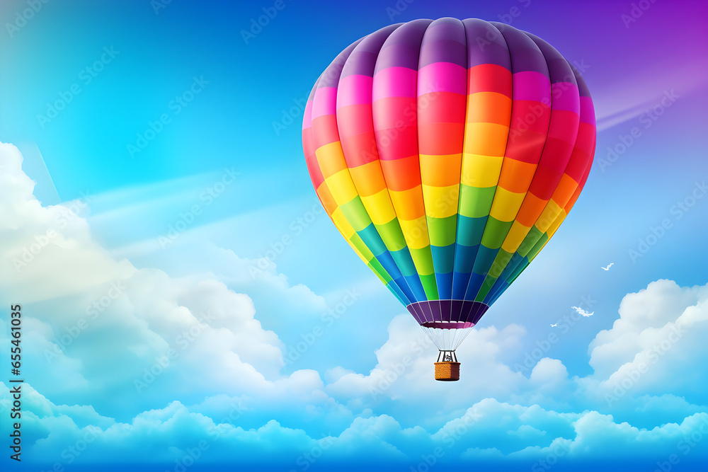 Fototapeta premium Hot air balloon in sky, A colorful hot air balloon taking flight , bright and cheerful rainbow gradient.