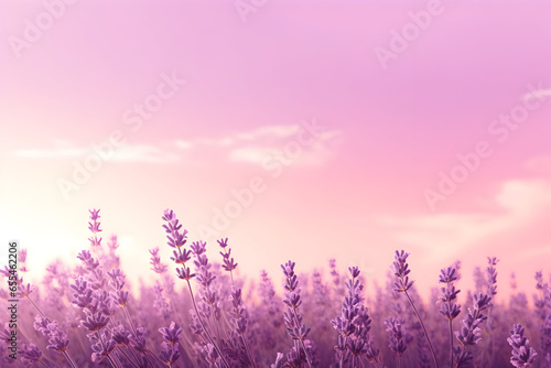 Lavender field at sunset  A field of blooming lavender   calming and aromatic purple gradient.