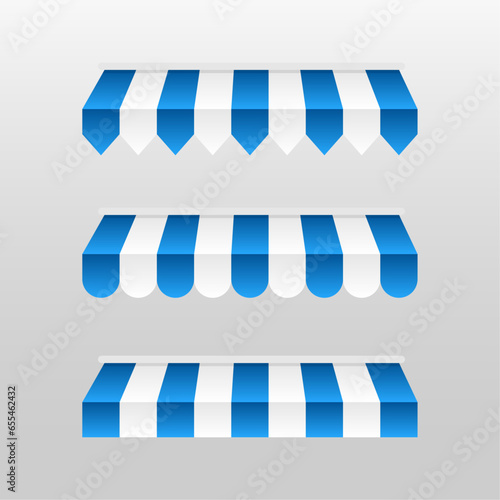 Blue and white sunshade. Outdoor awnings for cafe and shop window vector set. Tent sunshade for market, stripe summer scallop for store illustration