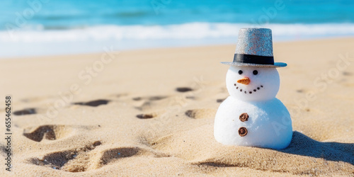 A cute Joyful  snowman on the beach in bright sunlight, with the sea or ocean in the background. Merry Christmas time, greeting Card. Beach Christmas Vacation without Snow photo