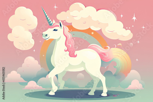 Illustration of a unicorn, rainbow and clouds