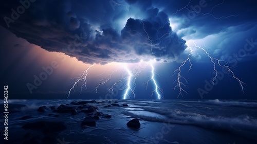 The night sky is illuminated by a lightning storm over the ocean, a dramatic and awe-inspiring sight. © Ammar
