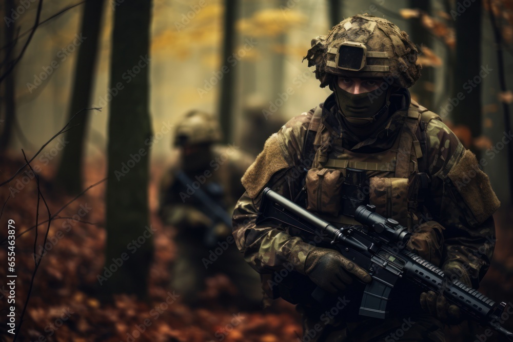 Soldiers in autumn camouflage uniforms in a forest, showcasing military readiness. Generative Ai