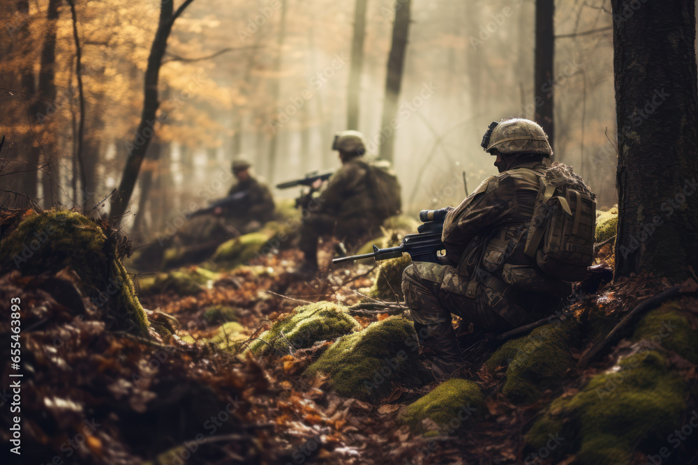 Soldiers in autumn camouflage uniforms in a forest, showcasing military readiness. Generative Ai Soldiers in autumn camouflage uniforms in a forest, showcasing military readiness. Generative Ai