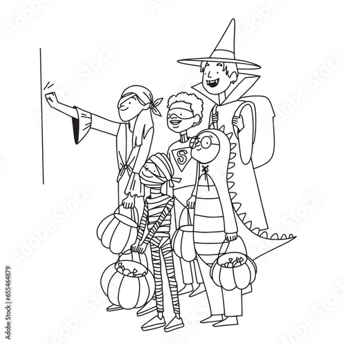 Kids on Halloween in costumes knocking on neighbors' doors, flat line illustration. Vector illustration