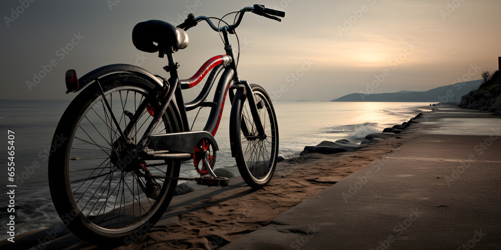 bicycle on the beach, Old retro bicycle, Coastal Cycling Adventure, generative AI