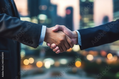 A close-up of a handshake, businessman making handshake with partner in the city for dealing, merger and acquisition concepts. AI Generative photo