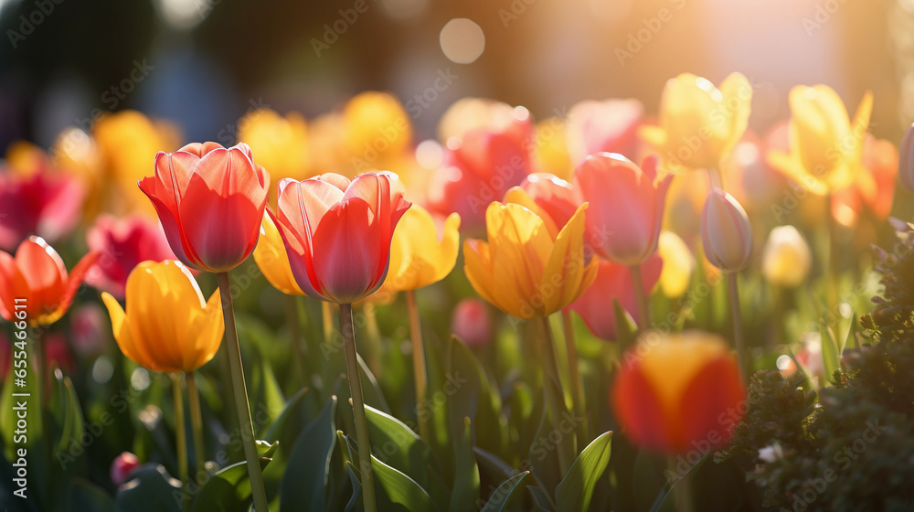 Tulips in the Garden Basking in the Gentle Sunshine, Unveiling Nature's Radiance and the Ephemeral Beauty of Dawn