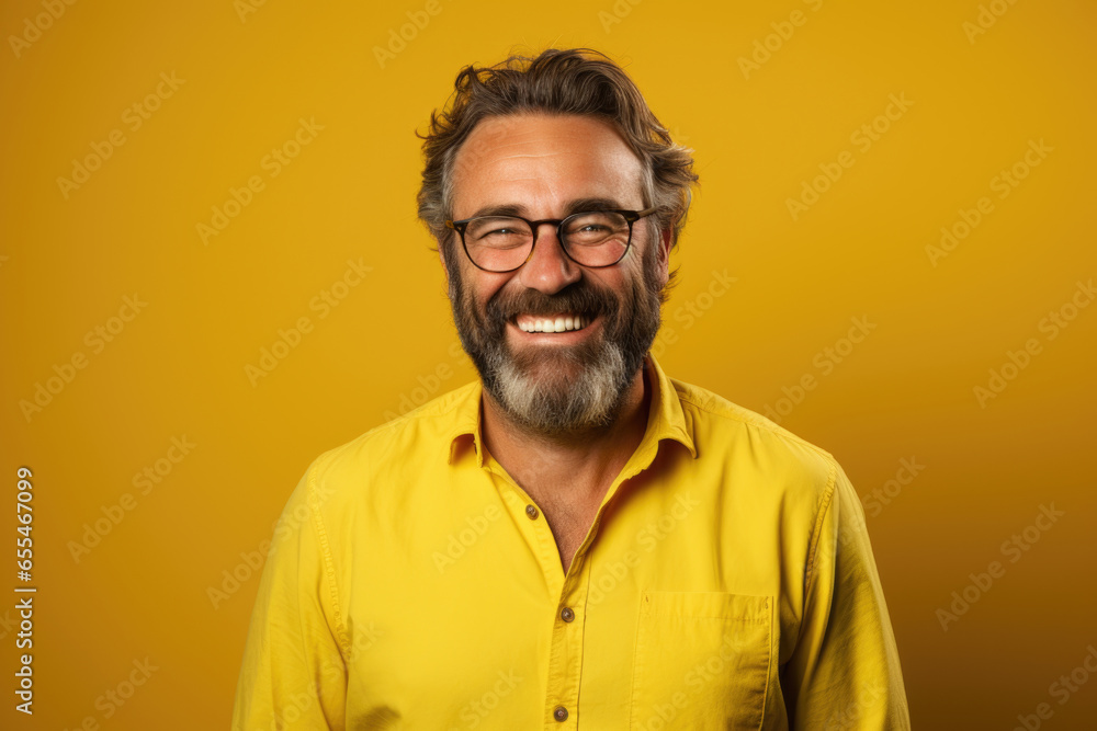 Obraz premium Man with beard and glasses, smiling. Happiness, positivity, and confidence. It is suitable for various applications such as website design, advertising, and social media content
