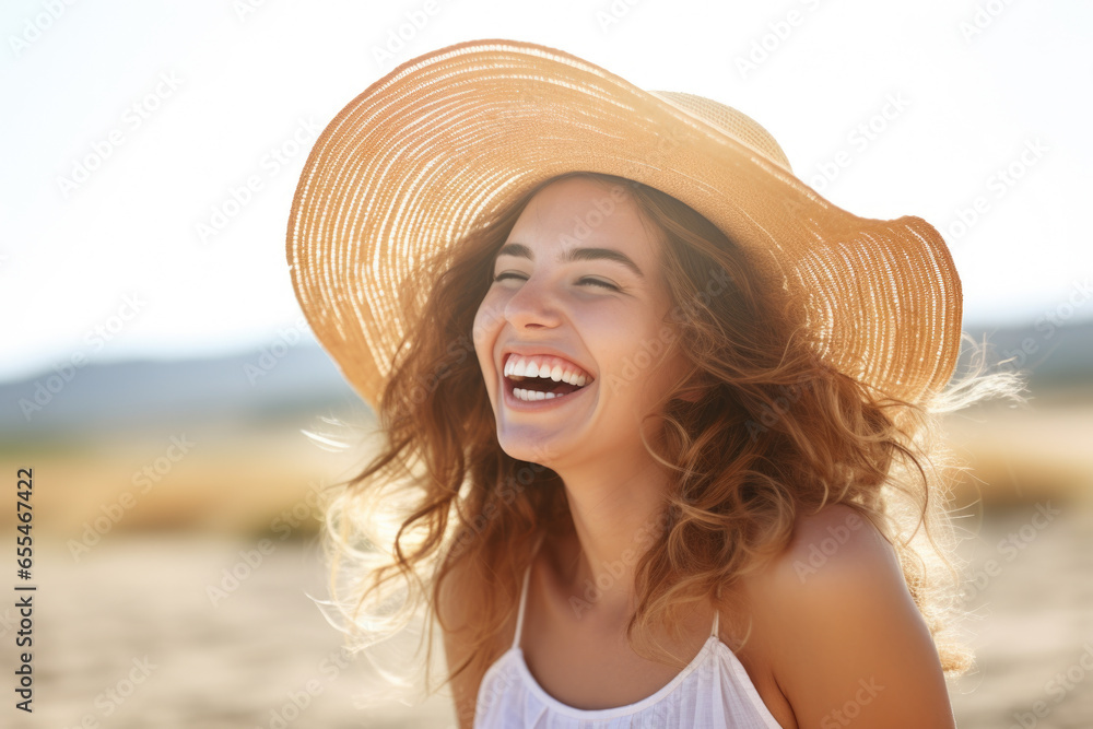 Woman wearing hat is captured in moment of joy as she laughs on beach. This image can be used to depict happiness, relaxation, and enjoying seaside