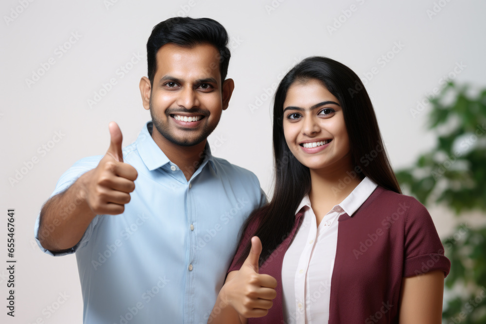Picture of man and woman showing their approval by giving thumbs up gesture. This image can be used to represent agreement, approval, satisfaction, or success in various contexts Picture of man and woman showing their approval by giving thumbs up gesture. This image can be used to represent agreement, approval, satisfaction, or success in various contexts