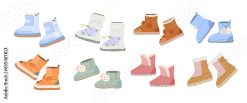 Set of winter fur warm children's shoes for boys and girls of different models, shapes and colors. Cute vector boots on white isolated background in flat style.