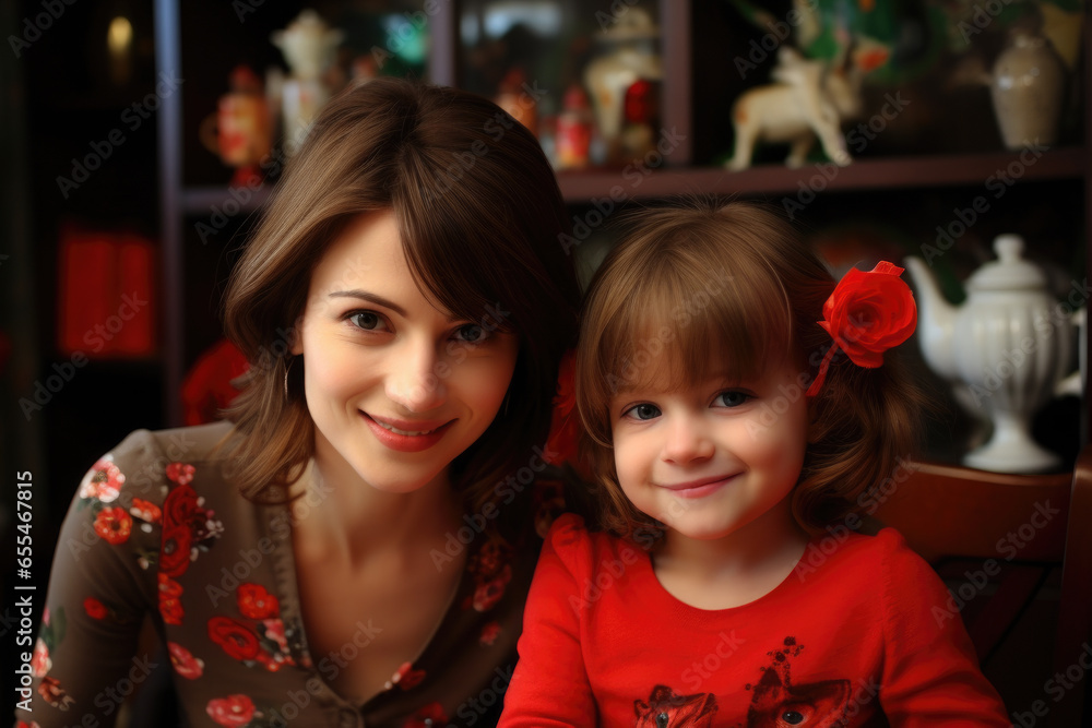 Woman and little girl sitting at table. Can be used to depict family bonding, mealtime, or shared activity Woman and little girl sitting at table. Can be used to depict family bonding, mealtime, or shared activity